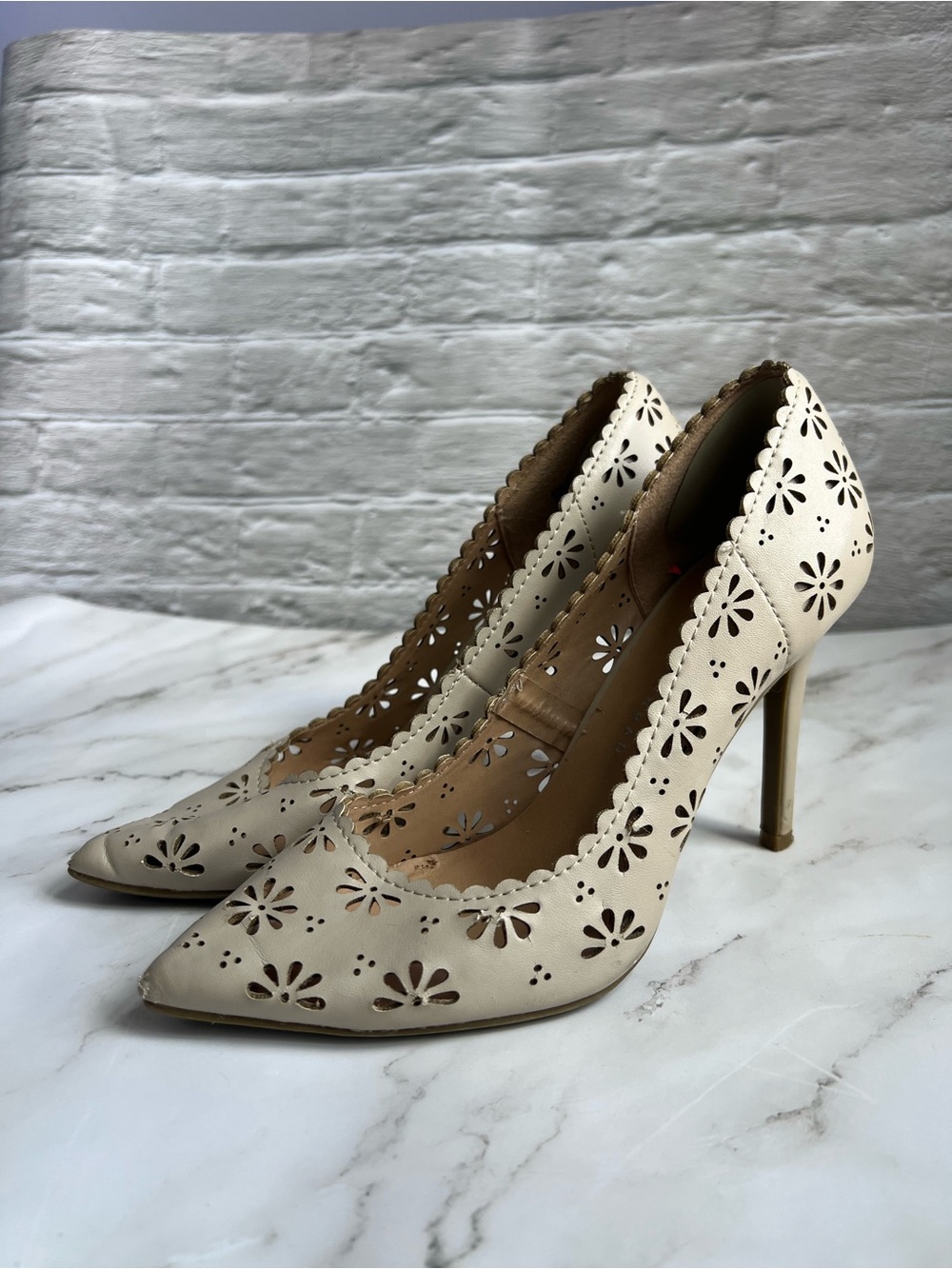 Lauren Conrad Women's Ivory Laser-Cut Pointed Toe Stiletto Heels